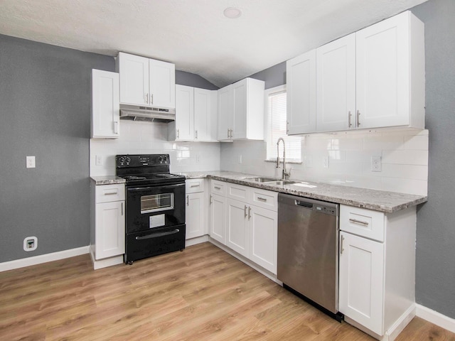 kitchen with dishwasher, white cabinets, black / electric stove, and sink