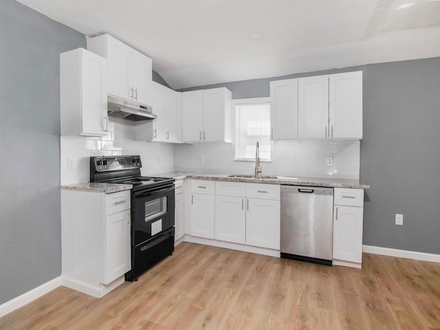 kitchen with white cabinetry, electric range, sink, light hardwood / wood-style flooring, and stainless steel dishwasher