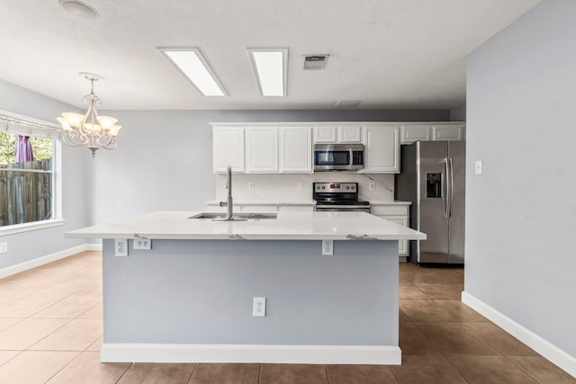 kitchen with stainless steel appliances, a kitchen island with sink, sink, pendant lighting, and white cabinets