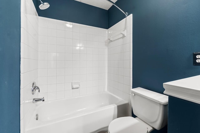 bathroom featuring a textured ceiling, bathing tub / shower combination, and toilet