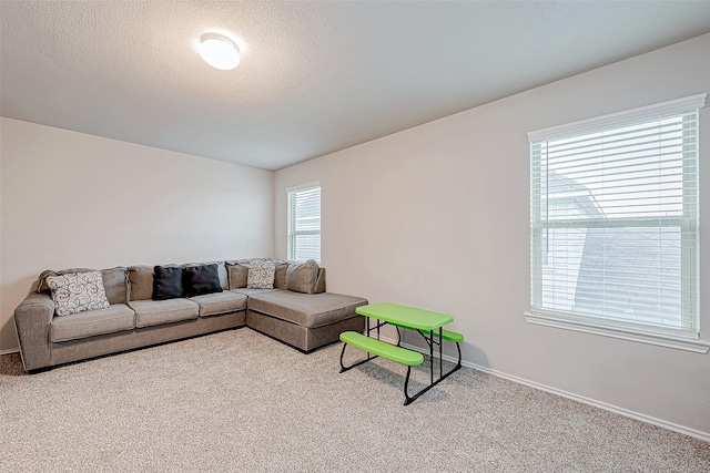 living room with light carpet and a textured ceiling