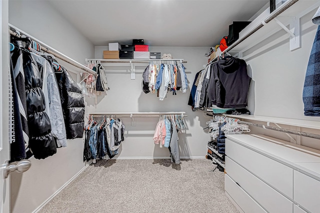 spacious closet featuring light carpet