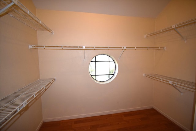 spacious closet with vaulted ceiling and dark wood-type flooring