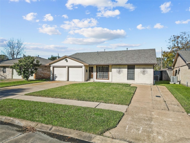 single story home featuring a garage, a front lawn, and cooling unit