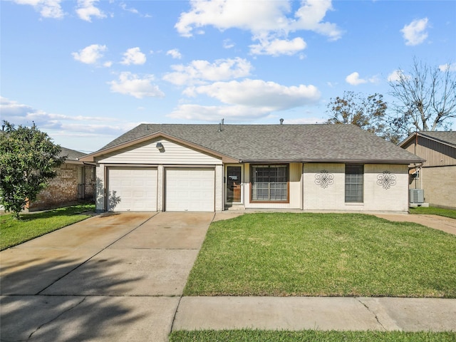 single story home with a front yard, a garage, and central AC unit