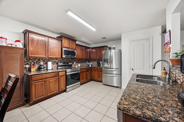 kitchen featuring backsplash, stainless steel appliances, dark stone countertops, and sink