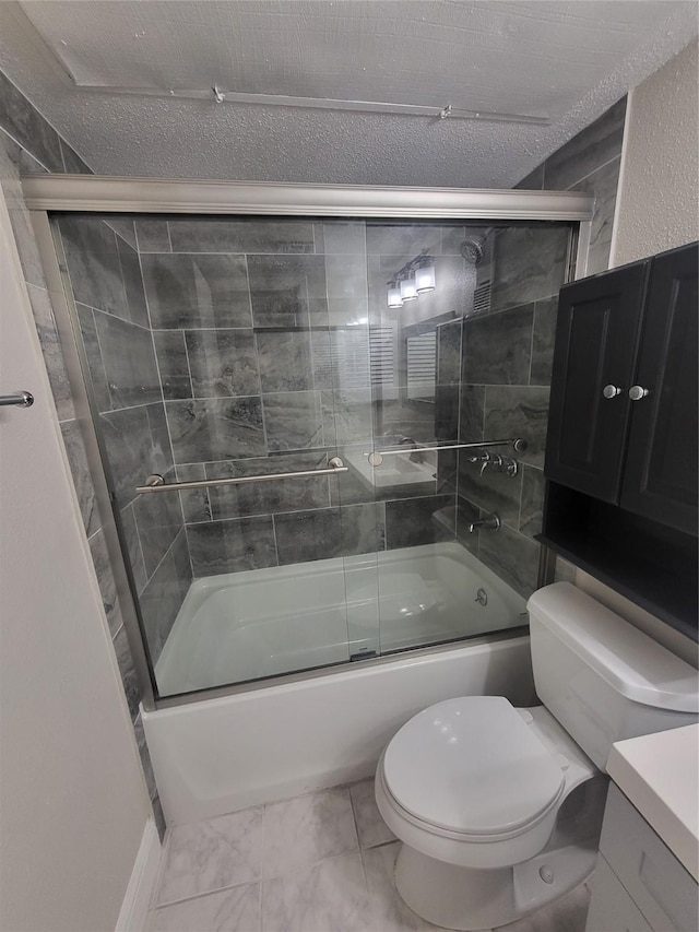 full bathroom featuring vanity, a textured ceiling, toilet, and enclosed tub / shower combo