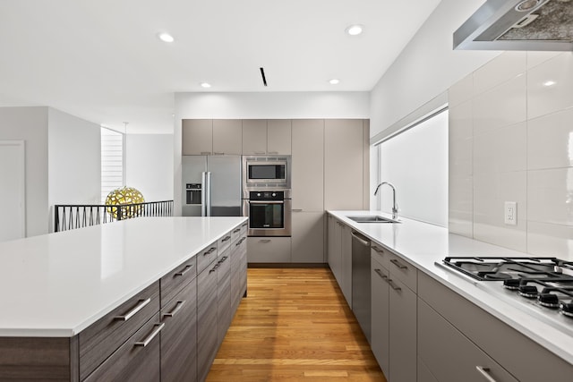 kitchen with sink, light hardwood / wood-style flooring, range hood, decorative backsplash, and appliances with stainless steel finishes