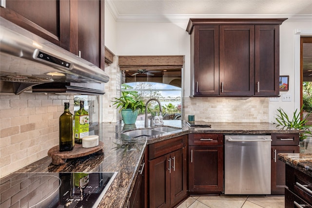 kitchen featuring sink, stainless steel dishwasher, backsplash, dark stone countertops, and black electric cooktop