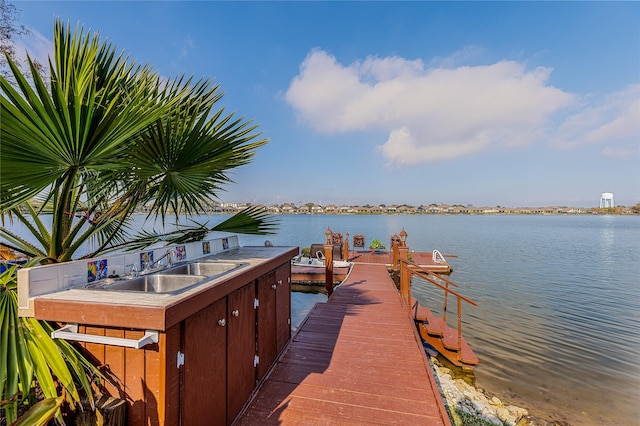 view of dock with a water view and sink