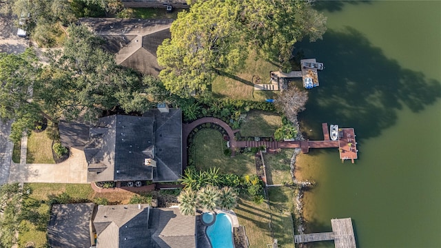 aerial view featuring a water view