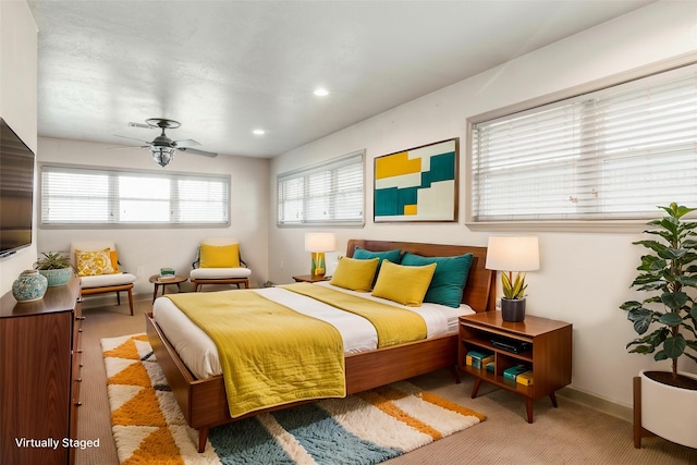 bedroom with recessed lighting, baseboards, ceiling fan, and carpet flooring