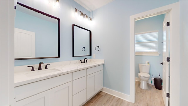 bathroom with vanity, toilet, and wood-type flooring