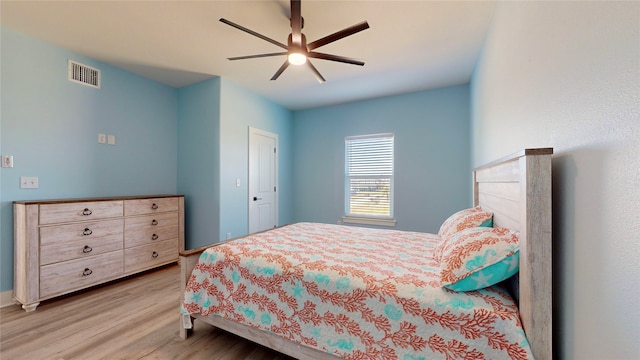 bedroom featuring ceiling fan and light hardwood / wood-style flooring