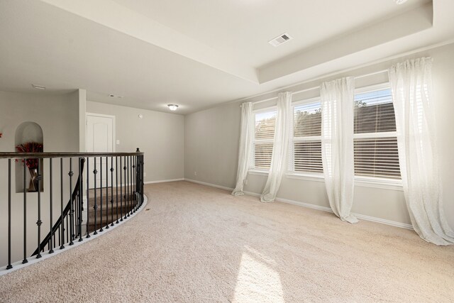 empty room featuring a raised ceiling and light colored carpet