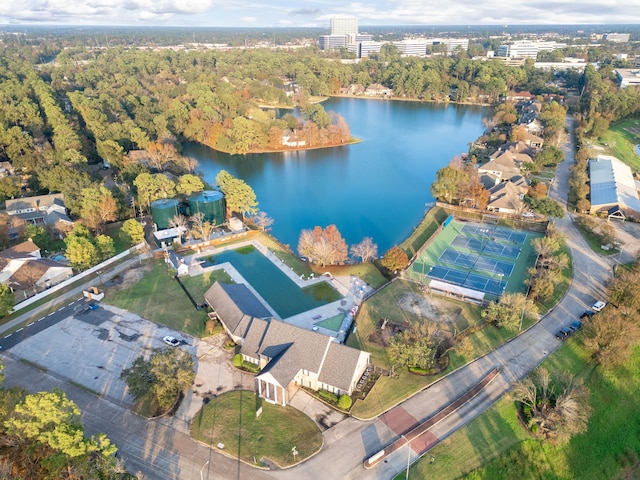 aerial view featuring a water view