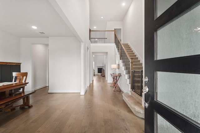 foyer entrance featuring a high ceiling and wood-type flooring