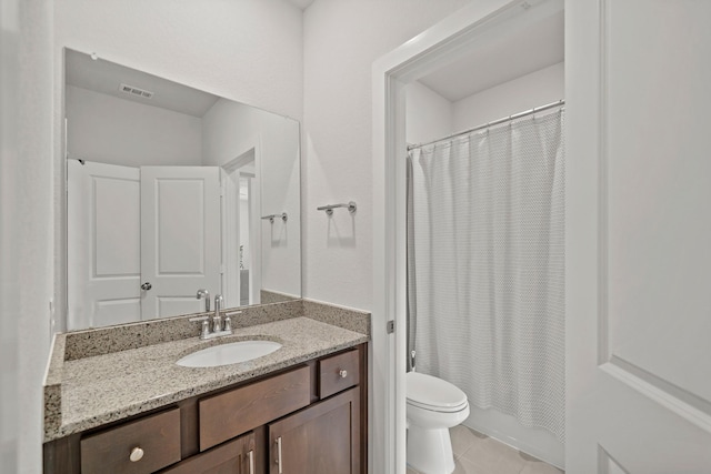 full bathroom with toilet, shower / bath combination with curtain, tile patterned floors, and vanity