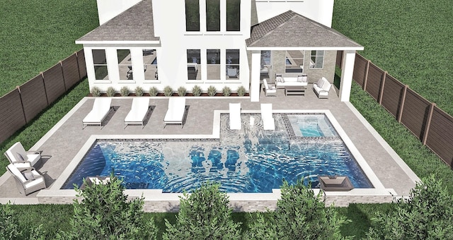 view of pool featuring a yard, an in ground hot tub, and a patio area