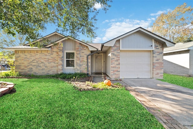 ranch-style home with a garage and a front yard