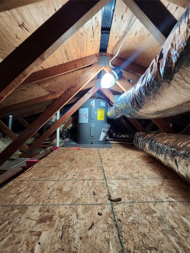 attic featuring electric water heater