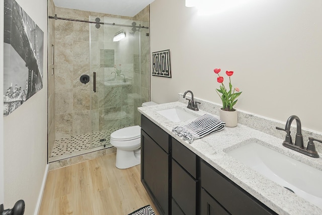 bathroom featuring wood-type flooring, vanity, toilet, and an enclosed shower