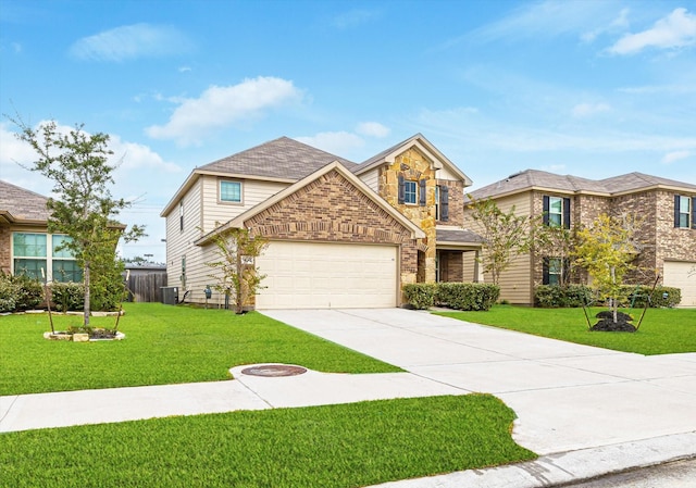 view of front facade with central AC, a front lawn, and a garage