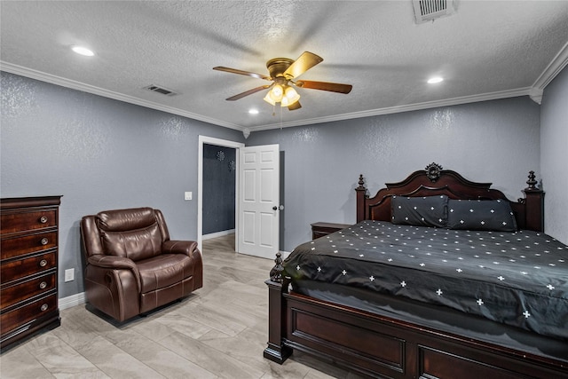 bedroom with ceiling fan, crown molding, and a textured ceiling