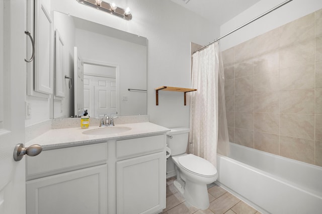 full bathroom featuring tile patterned floors, vanity, toilet, and shower / bathtub combination with curtain