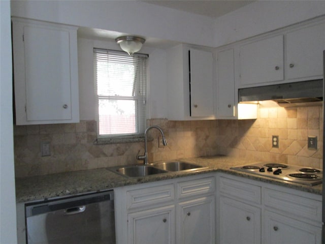 kitchen with dishwasher, backsplash, white cabinets, white stovetop, and sink