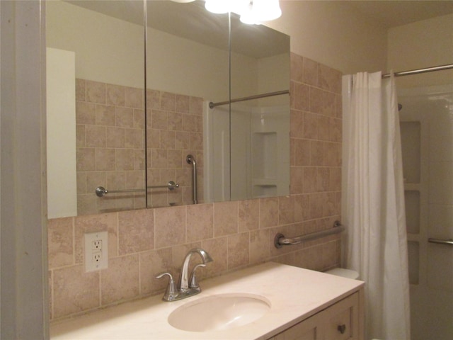 10614 Faircroft Dr, Houston, TX 77048 - full bathroom featuring curtained shower, tile walls, vanity, and decorative backsplash