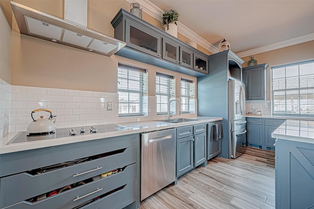 kitchen with sink, ventilation hood, decorative backsplash, appliances with stainless steel finishes, and ornamental molding