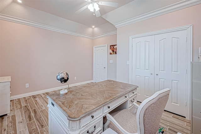 office with ceiling fan and ornamental molding