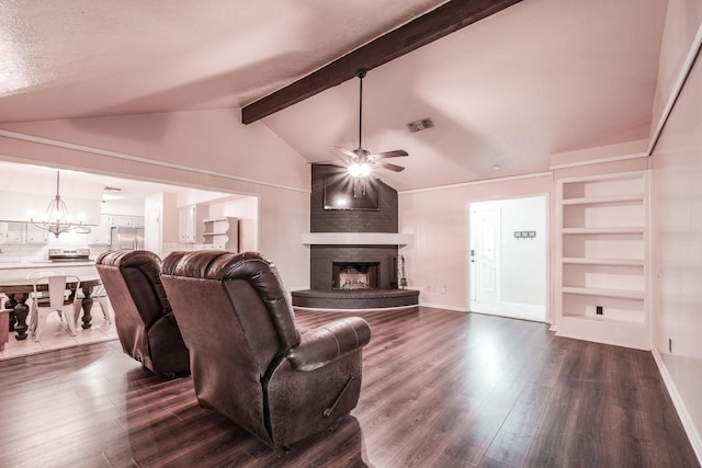 living room featuring a brick fireplace, ceiling fan, built in features, vaulted ceiling with beams, and dark hardwood / wood-style floors