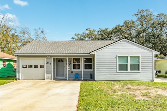 ranch-style house with a garage and a front yard