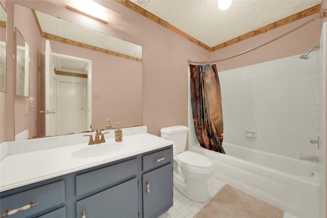 full bathroom with a textured ceiling, vanity, shower / bathtub combination with curtain, tile patterned flooring, and toilet