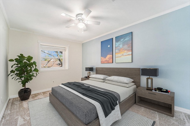 bedroom with ceiling fan, ornamental molding, and carpet