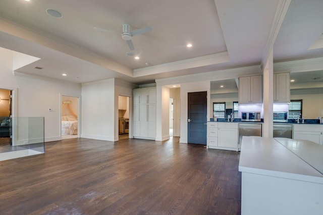 kitchen with dark hardwood / wood-style flooring, ceiling fan, a raised ceiling, and appliances with stainless steel finishes