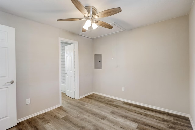 empty room featuring ceiling fan, electric panel, and light wood-type flooring