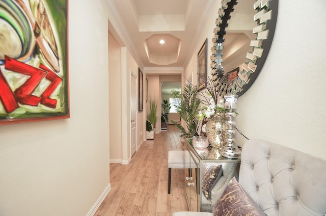 hallway with wood-type flooring and a tray ceiling