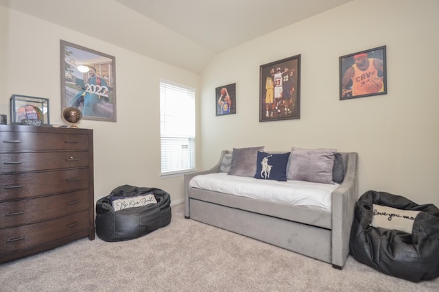 sitting room with light carpet and vaulted ceiling