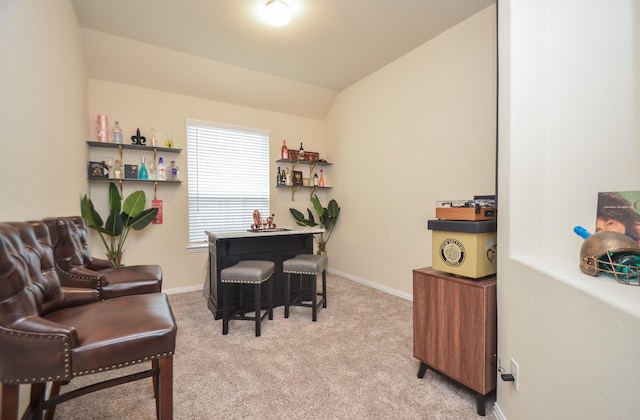 office with light colored carpet and vaulted ceiling