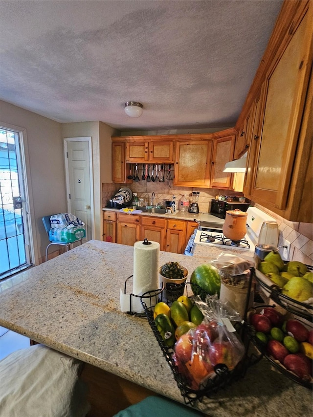 kitchen featuring sink, light stone counters, backsplash, kitchen peninsula, and white stove