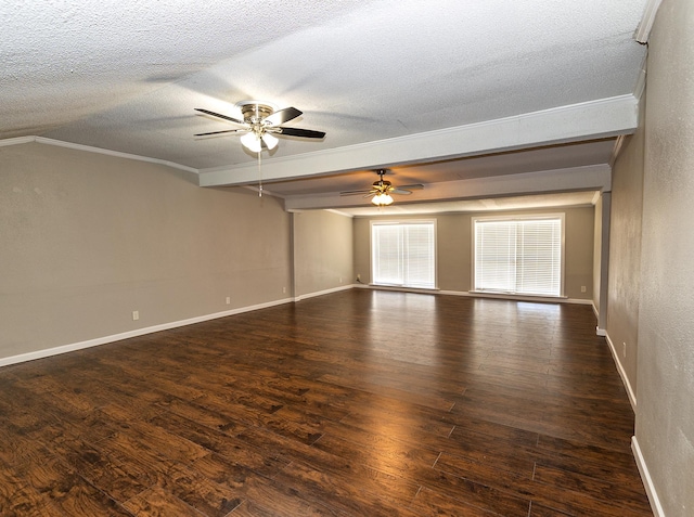 unfurnished room with a textured ceiling, ceiling fan, ornamental molding, and dark wood-type flooring