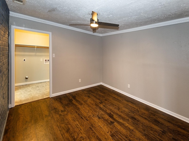 unfurnished room with ceiling fan, hardwood / wood-style floors, and crown molding