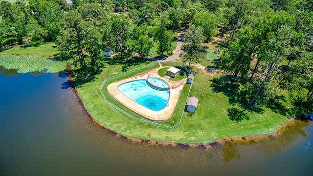 aerial view featuring a water view