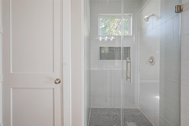 bathroom with a shower with shower door