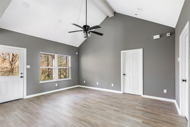 interior space featuring beam ceiling, high vaulted ceiling, light hardwood / wood-style flooring, and ceiling fan