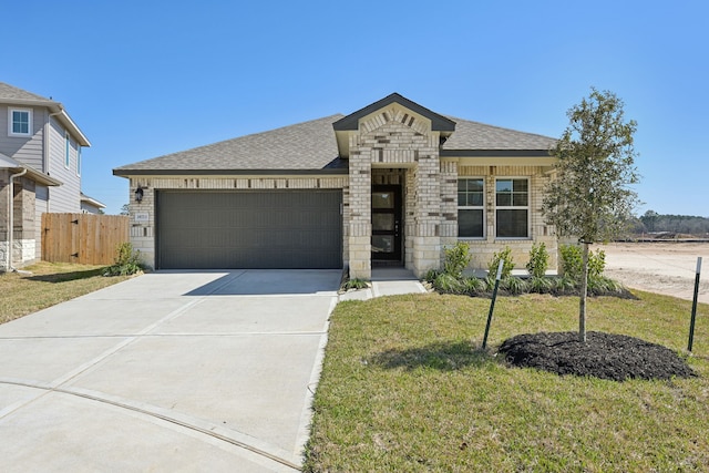 view of front of house with roof with shingles, an attached garage, stone siding, driveway, and a front lawn