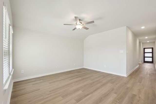 unfurnished room with light wood-style floors, recessed lighting, ceiling fan, and baseboards